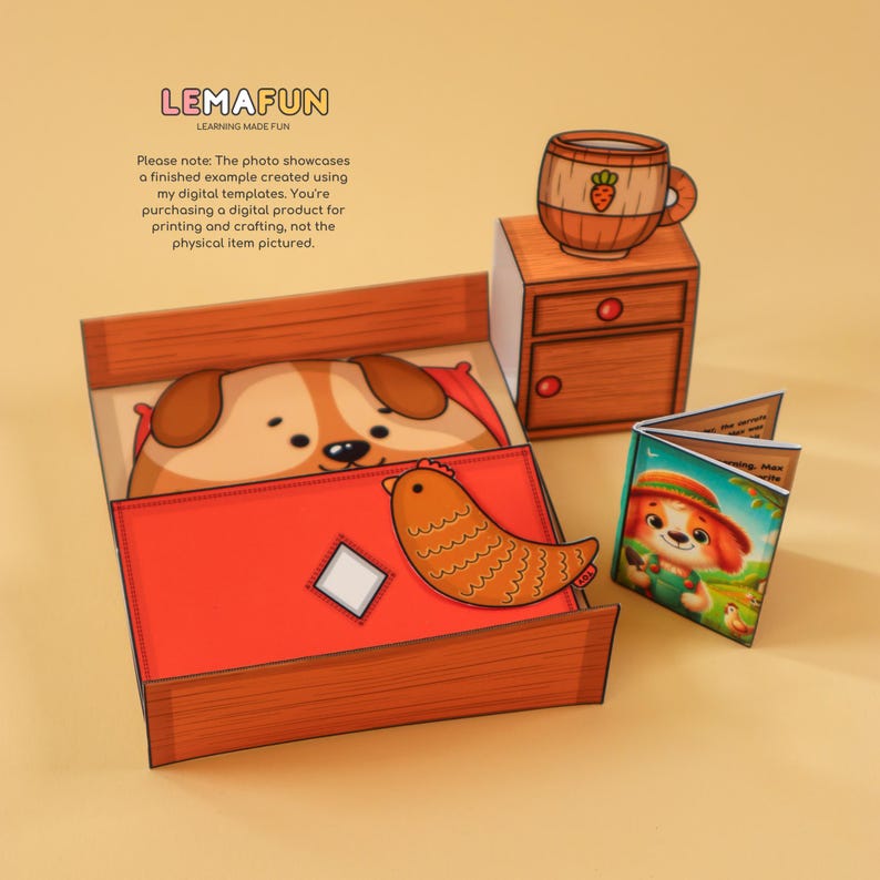 Puede incluir: Artesan&iacute;a de papel imprimible de un perro durmiendo en una cama con un pollo a su lado. La cama tiene una cabecera y un piecero de madera. Hay una mesita de noche con una taza y un libro al lado de la cama.