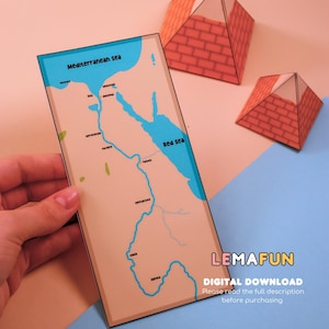 May include: A printable map of ancient Egypt with the Nile River, the Mediterranean Sea, and the Red Sea. The map is on a light brown background with blue water and black text.
