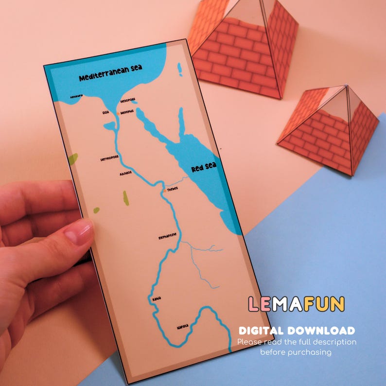 May include: A printable map of ancient Egypt with the Nile River, the Mediterranean Sea, and the Red Sea. The map is on a light brown background with blue water and black text.