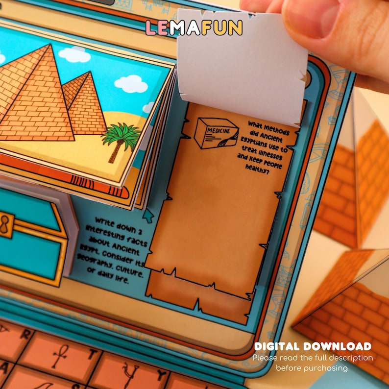 May include: A printable educational activity for kids about Ancient Egypt. The activity features a colorful illustration of pyramids, a treasure chest, and a text box with the question "What methods did Ancient Egyptians use to treat illnesses and keep people healthy?"