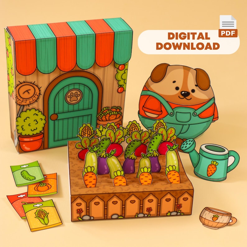 Puede incluir: Descarga PDF imprimible de un lindo perro de dibujos animados, una casita y un jard&iacute;n con verduras. El jard&iacute;n tiene una valla de madera y una regadera. La casa tiene una puerta verde y un techo rojo. El perro lleva un mono y una camisa roja. El texto "DESCARGA DIGITAL" est&aacute; en la parte superior de la imagen.