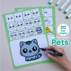 May include: A step-by-step drawing guide for pets, featuring a cute cartoon cat with big eyes. The guide includes 20 pages of instructions and is titled "Pets".