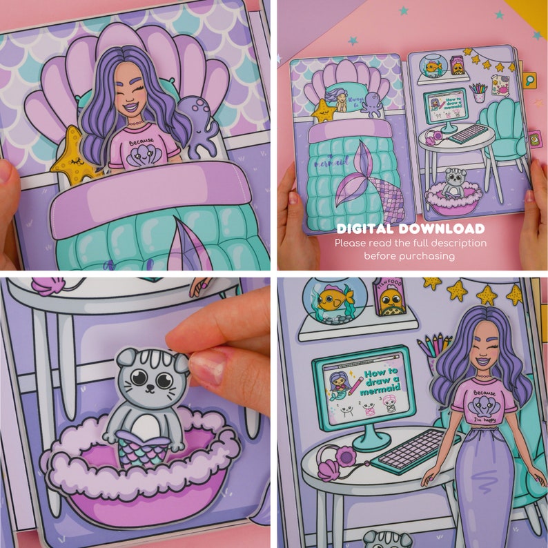 Puede incluir: Un conjunto de mu&ntilde;ecas de papel imprimibles con un personaje de sirena de pelo morado y un dormitorio rosa y azul. El conjunto incluye una cama, un escritorio, una pecera, un gato y una computadora con un tutorial sobre c&oacute;mo dibujar una sirena. El texto en la pantalla de la computadora dice "C&oacute;mo dibujar una sirena". El texto en la camiseta de la mu&ntilde;eca dice "Porque soy feliz".