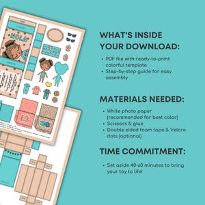 May include: A printable PDF template with a colourful design, featuring illustrated dolls, clothing, and accessories. The text includes "NOLA" and instructions for assembly, materials needed, and time commitment.