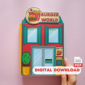 Progetto fai da te stampabile "Crea il tuo ristorante fast food", Attività per bambini, Lavoretti con la carta per bambini, Casa delle bambole di carta, Libro di attività