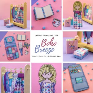Pacchetto stampabile Boho Breeze con bambole di carta, abiti e modelli per sacchi a pelo, download digitale, attività per bambini