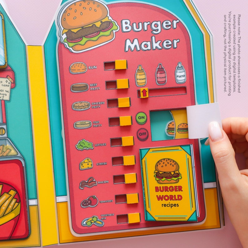 May include: A red and yellow cardboard burger maker playset with a variety of toppings, including buns, beef patties, chicken patties, fish patties, lettuce, cheese, bacon, tomatoes, and vegetables. The playset also includes a small book with the title "Burger World Recipes".