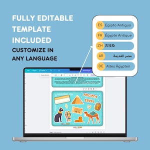 May include: A computer screen displaying a digital template for a children's educational activity. The template features a colorful illustration of ancient Egypt with pyramids, hieroglyphics, and a camel. The text "Ancient Egypt" is visible at the top of the template. The screen also shows a menu with language options for customizing the template.