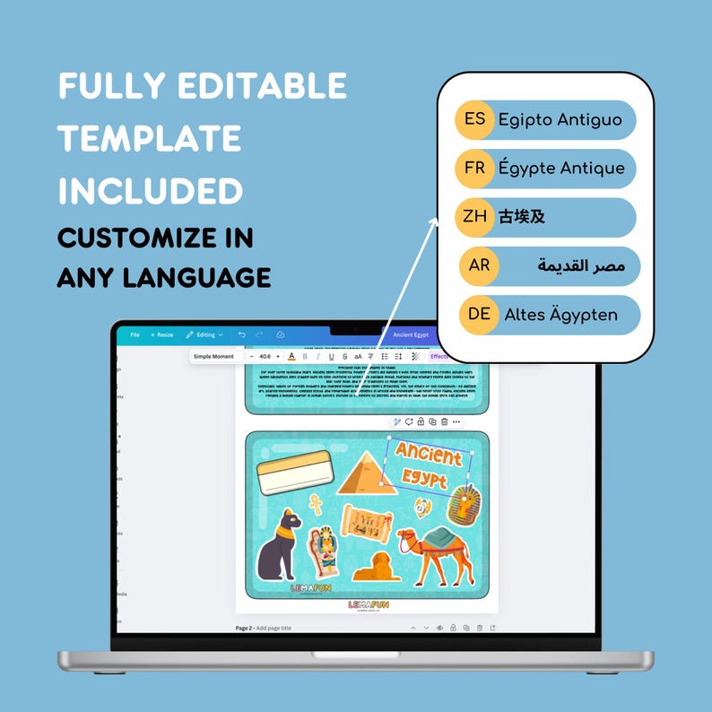 May include: A computer screen displaying a digital template for a children's educational activity. The template features a colorful illustration of ancient Egypt with pyramids, hieroglyphics, and a camel. The text "Ancient Egypt" is visible at the top of the template. The screen also shows a menu with language options for customizing the template.