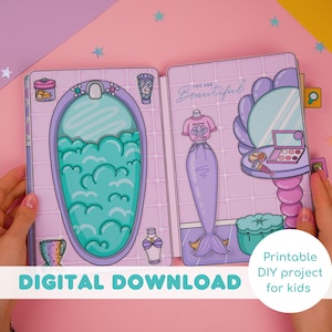 Progetto fai-da-te stampabile Casa delle bambole a forma di sirena con bambole di carta Libro intenso e attività per bambini PDF