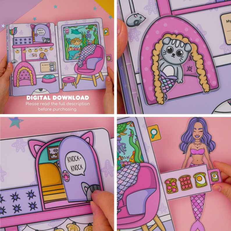 Puede incluir: Un conjunto de mu&ntilde;ecas de papel imprimibles con una sirena de cola morada y un gato con cola de sirena. El conjunto incluye una casa de juegos rosa y morada con una puerta para gatos y una ventana. El texto "Knock-Knock" est&aacute; en la puerta. El conjunto de mu&ntilde;ecas es una descarga digital.