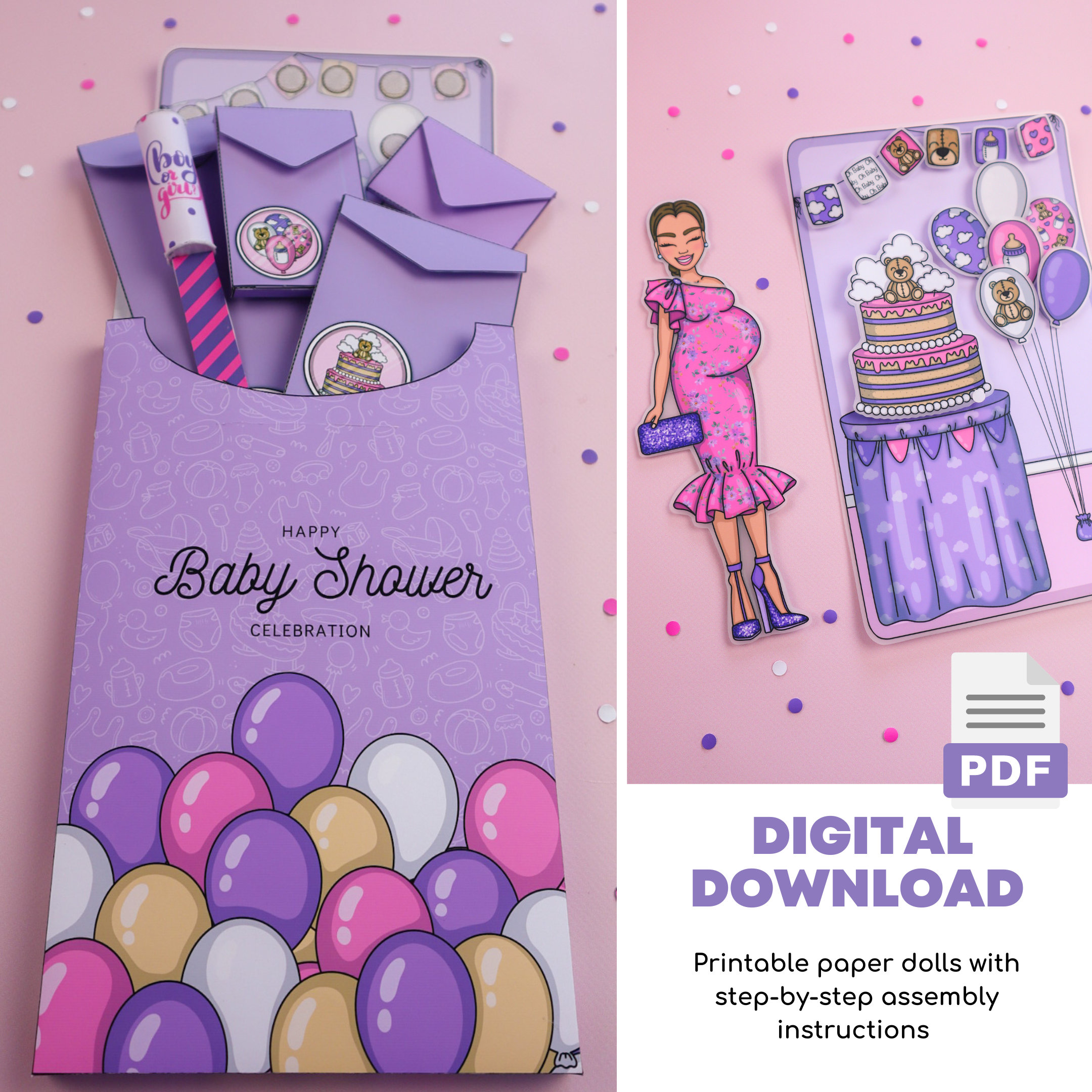 Printable Paper Dolls Baby Shower Celebration Kit, DIY, Instant Download