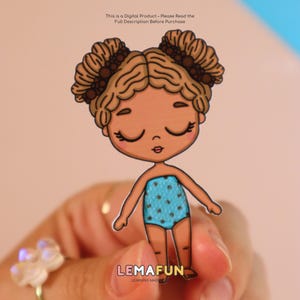 May include: A cartoon doll illustration with brown hair in two buns, wearing a blue swimsuit with white polka dots. The doll has closed eyes. Text at the top reads: "This is a Digital Product - Please Read the Full Description Before Purchase."