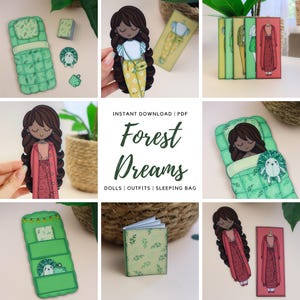 Druckbares Waldträume-Paket mit Papierpuppen, Outfits und Schlafsackvorlagen, Digitaler Download, Aktivitäten für Kinder