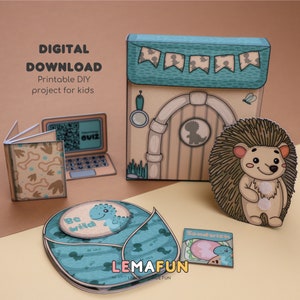 Kit artigianale riccio stampabile - Modello di giocattolo di carta fai da te per bambini, attività domestica facile, progetto creativo con la carta, download digitale