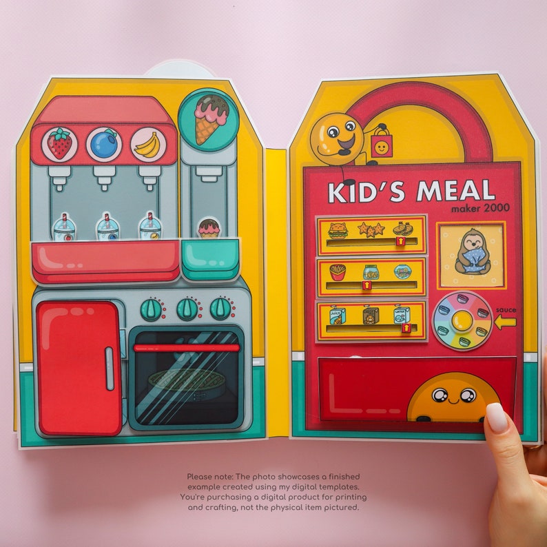 May include: A colorful printable craft kit for kids to create a pretend fast food restaurant. The kit includes a red and white ice cream machine, a red and yellow oven, a red and yellow cash register, and a red and yellow kid's meal maker. The kit is perfect for imaginative play and learning.
