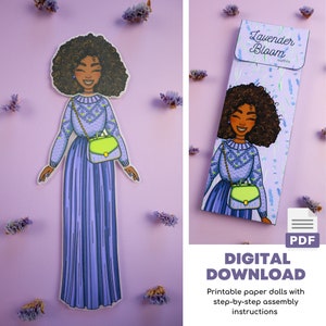 Kit per vestire bambole di carta stampabili, abiti floreali color lavanda, fai da te, download immediato