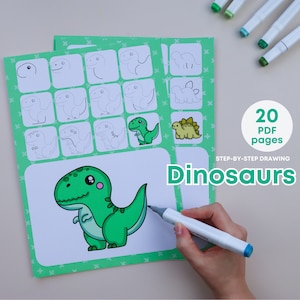 May include: A set of 20 printable PDF pages with step-by-step instructions for drawing dinosaurs. The image shows a hand drawing a cartoon dinosaur with green and white markers on a green and white page.