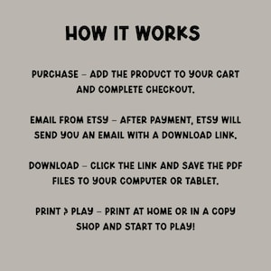 May include: A beige graphic with black text that reads "HOW IT WORKS". The text explains the steps: purchase, email from Etsy, download, and print & play. The text is in a bold, playful font.
