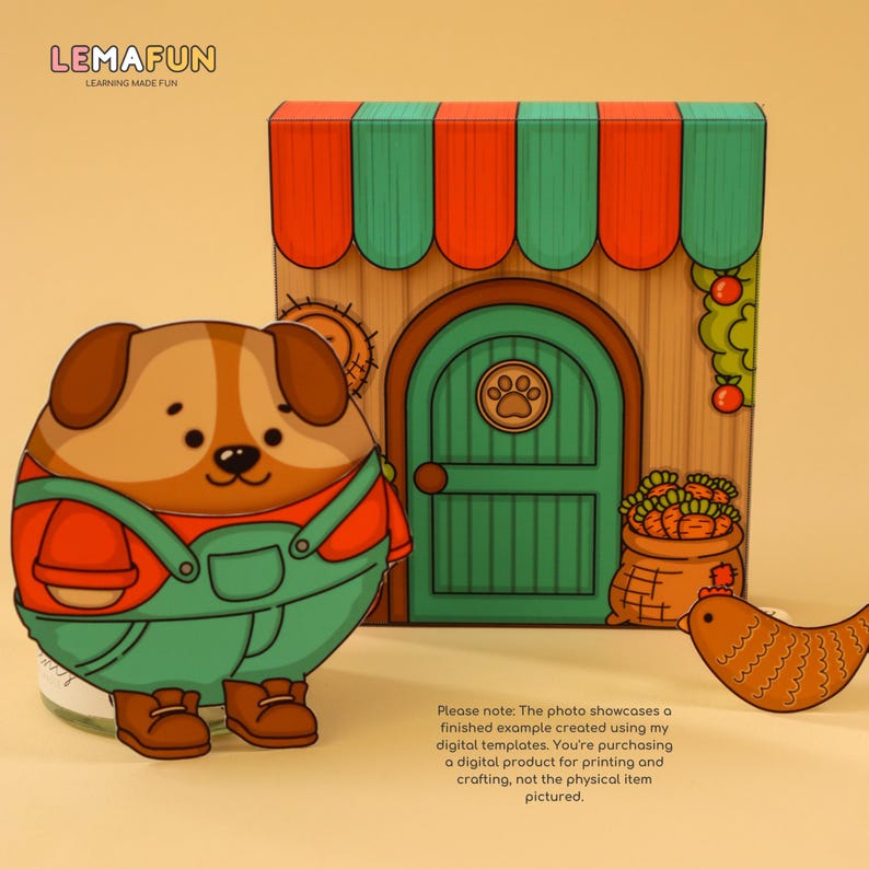 Puede incluir: Un kit de manualidades de papel imprimible con un perro de dibujos animados que lleva un mono y una camisa roja, de pie frente a una peque&ntilde;a puerta verde con una huella de pata. La puerta forma parte de un edificio de manualidades de papel con un toldo rojo y verde. El kit tambi&eacute;n incluye un peque&ntilde;o p&aacute;jaro de manualidades de papel y una bolsa de zanahorias.