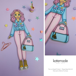 May include: A paper doll illustration of a girl in a light blue denim jacket, pink trousers, and yellow trainers, holding a pink and blue backpack. The doll has pink hair and is surrounded by star and heart-shaped decorations. The text "katemade paper dolls" is visible.