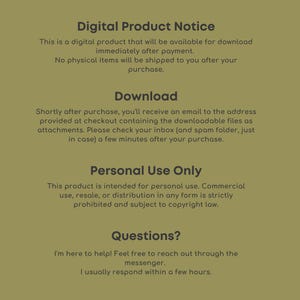 Pu&ograve; includere: Avviso di prodotto digitale su sfondo beige. Il testo include informazioni su download digitali, consegna via email e restrizioni sull'uso personale. Indica che nessun articolo fisico verr&agrave; spedito dopo l'acquisto.