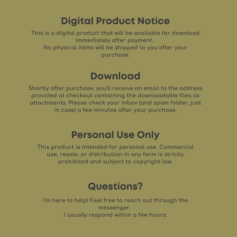 Pu&ograve; includere: Avviso di prodotto digitale su sfondo beige. Il testo include informazioni su download digitali, consegna via email e restrizioni sull'uso personale. Indica che nessun articolo fisico verr&agrave; spedito dopo l'acquisto.