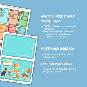 May include: Printable PDF download for a DIY Egyptian themed toy. The download includes colorful templates, a step-by-step guide, and an editable Canva template. The image shows a sample of the printable templates, which feature illustrations of Egyptian figures and symbols.