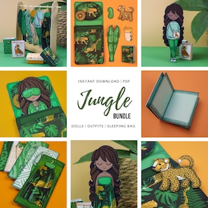 Pacchetto stampabile "Giungla" con bambole di carta, abiti e modelli per sacchi a pelo, download digitale, attività per bambini