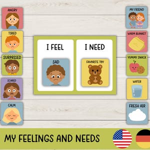 May include: An educational chart titled "My Feelings and Needs" with illustrations of emotions and needs. Includes cards with words like "Angry," "Tired," and "Sad," alongside images of a teddy bear, water, and a friend. Features the American and German flags.