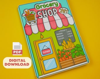 May include: A cartoon illustration of a grocery store with a closed sign on the door. The store is open 24/7 and sells bananas, broccoli, and carrots. The prices are listed on a sign next to the produce.