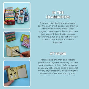 Puede incluir: Un conjunto de mini-libros imprimibles para que los ni&ntilde;os aprendan sobre diferentes profesiones. Los libros presentan ilustraciones coloridas y el texto "En el aula" y "En casa".