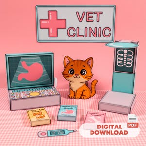 May include: Printable papercraft set for a veterinary clinic playset. The set includes a cat, an ultrasound machine, an x-ray machine, a thermometer, and three boxes of pet medicine. The sign above the clinic reads "VET CLINIC".