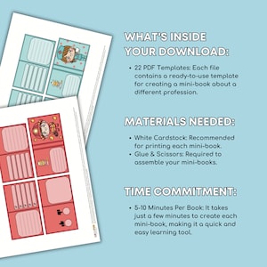 Puede incluir: Un conjunto de 22 plantillas de mini-libros imprimibles para crear mini-libros sobre diferentes profesiones. La imagen muestra una plantilla de mini-libro de muestra con un tema de bombero. El texto en la imagen dice "What's Inside Your Download: 22 PDF Templates: Each file contains a ready-to-use template for creating a mini-book about a different profession. Materials Needed: White Cardstock: Recommended for printing each mini-book. Glue & Scissors: Required to assemble your mini-books. Time Commitment: 5-10 Minutes Per Book: It takes just a few minutes to create each mini-book, making it a quick and easy learning tool."