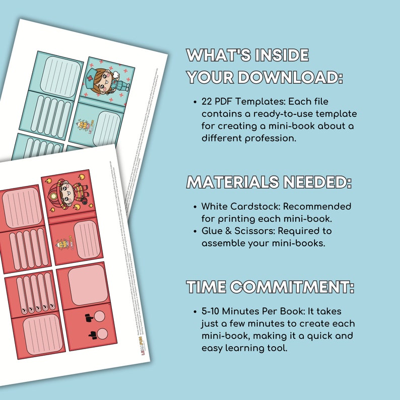 Puede incluir: Un conjunto de 22 plantillas de mini-libros imprimibles para crear mini-libros sobre diferentes profesiones. La imagen muestra una plantilla de mini-libro de muestra con un tema de bombero. El texto en la imagen dice "What's Inside Your Download: 22 PDF Templates: Each file contains a ready-to-use template for creating a mini-book about a different profession. Materials Needed: White Cardstock: Recommended for printing each mini-book. Glue & Scissors: Required to assemble your mini-books. Time Commitment: 5-10 Minutes Per Book: It takes just a few minutes to create each mini-book, making it a quick and easy learning tool."