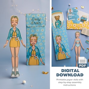 Kit per vestire bambole di carta stampabili, abiti con margherite floreali, fai da te, download immediato