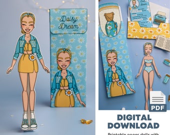 Printable Paper Dolls Dress up Kit, Floral Daisy Outfits, DIY, Instant Download
