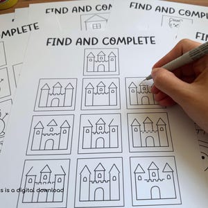 May include: White paper sheets with the text "FIND AND COMPLETE" and line drawings of castles and snowmen. A hand is holding a pen and completing the castle drawing. The text "This is a digital download" is at the bottom.