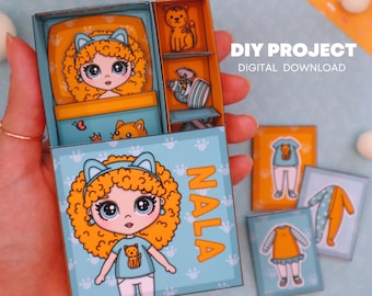 Lalka papierowa Nala w pudełku do druku – mini-rękodzieło DIY dla dzieci | Domek dla lalek Matchbox | Pobierz cyfrowo