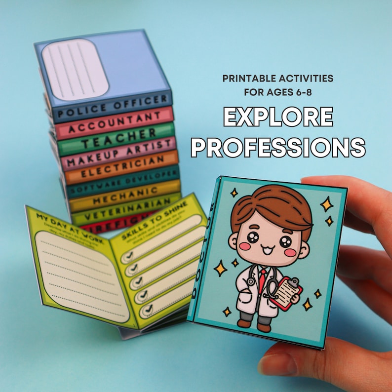 Puede incluir: Cuaderno de actividades imprimible para ni&ntilde;os para explorar diferentes profesiones. El cuaderno presenta a un m&eacute;dico de dibujos animados con un estetoscopio y un portapapeles. La portada es azul con estrellas blancas.