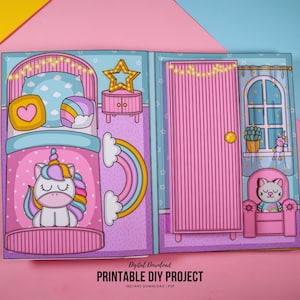 Modello stampabile per casa delle bambole con unicorno, download digitale di lavoretti di carta, lavoretti per bambini, travestimenti