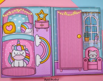 May include: A printable DIY project showing a unicorn bedroom scene. The illustration includes a bed with a unicorn, a rainbow, a star-shaped nightstand, and a pink door. The text "PRINTABLE DIY PROJECT" is at the bottom.