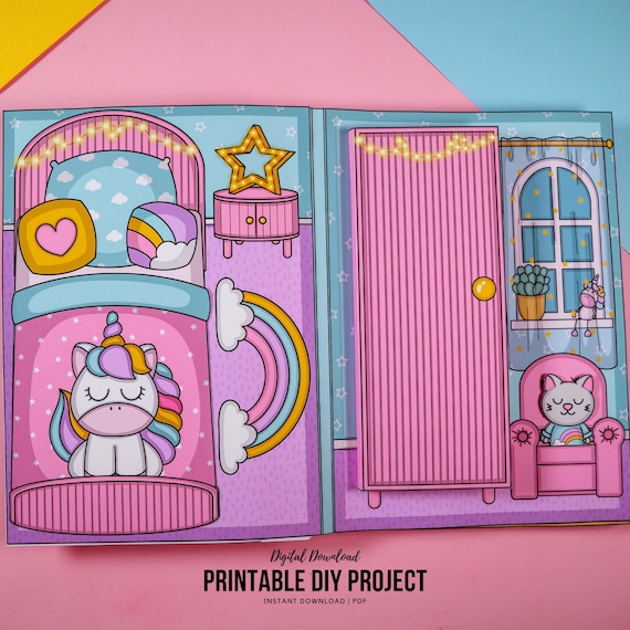 Printable Unicorn Dollhouse Template, Paper Crafts Digital Download, Crafts for Kids, Dress Up