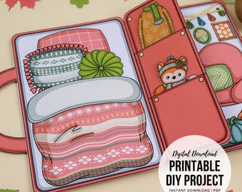 May include: A digital printable DIY project with an autumn theme. The design includes a bed with pillows and a blanket, a fox in a pocket, and a sweater. The text "Digital Download Printable DIY Project" is visible.