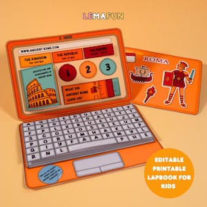 Könnte beinhalten: Ein orangefarbenes und weißes Lernbuch für Kinder, gestaltet wie ein Laptop, mit Tastatur und Bildschirm, der Informationen über das antike Rom anzeigt. Enthält eine separate Karte mit römischen Soldaten- und Schiffsillustrationen. Text: "Antikes Rom" und "Bearbeitbares, druckbares Lapbook für Kinder."