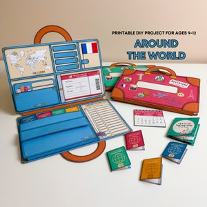 May include: A printable DIY project for ages 9-12, "Around the World", featuring a blue suitcase with a world map, passport, and timeline of history. The project includes a red suitcase with the word "Adventure!" and a small booklet titled "Taste of the Nation".