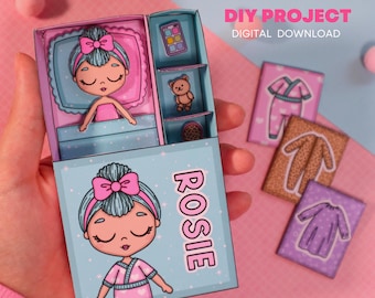 Lalka papierowa Rosie w pudełku do druku – miniaturowe dzieło DIY dla dzieci | Domek dla lalek Matchbox | Pobieranie cyfrowe