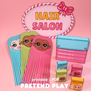 Ausdruckbares Friseursalon-Spielset | Scherenfertigkeiten + Rollenspiel | DIY-Haarschneidepuppen + Salonzubehör | PDF-Aktivitätskit für Kinder