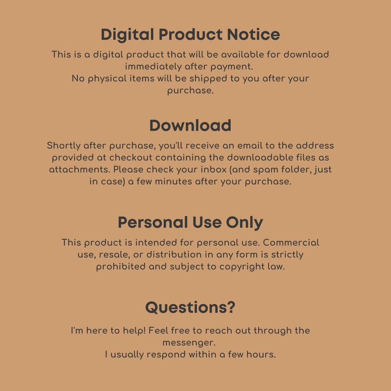 Puede incluir: Aviso de producto digital con informaci&oacute;n sobre la descarga de un producto digital despu&eacute;s de la compra, uso personal &uacute;nicamente y c&oacute;mo ponerse en contacto con el vendedor si tiene alguna pregunta.
