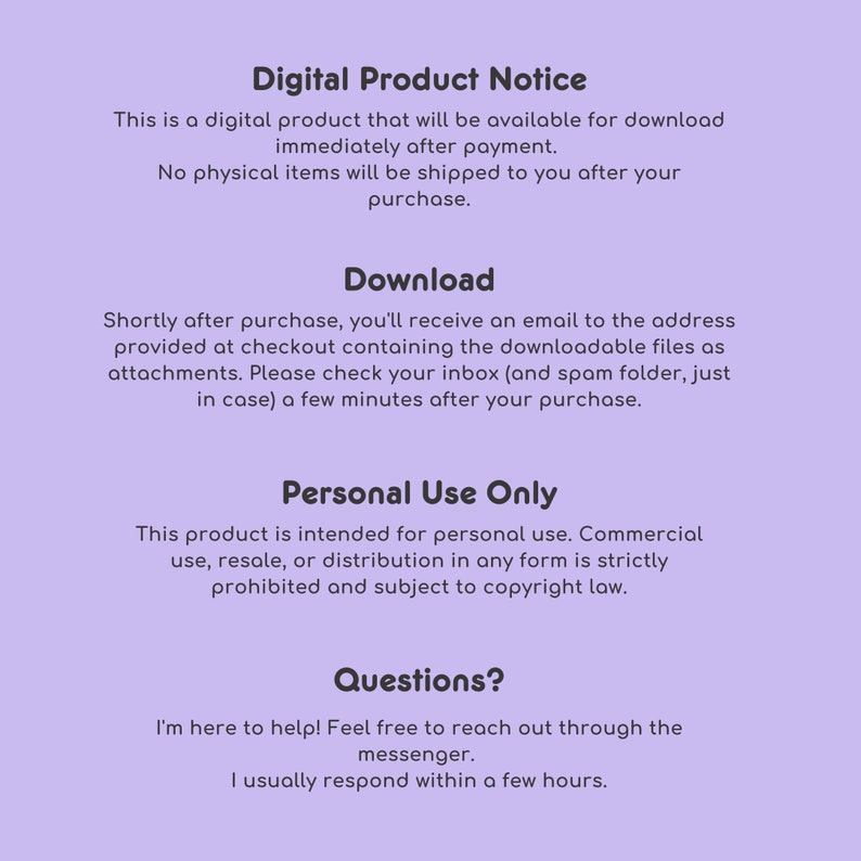 Puede incluir: Un aviso de producto digital con instrucciones para descargar un producto digital despu&eacute;s de la compra. El aviso tambi&eacute;n establece que el producto es solo para uso personal y que el uso comercial est&aacute; prohibido.